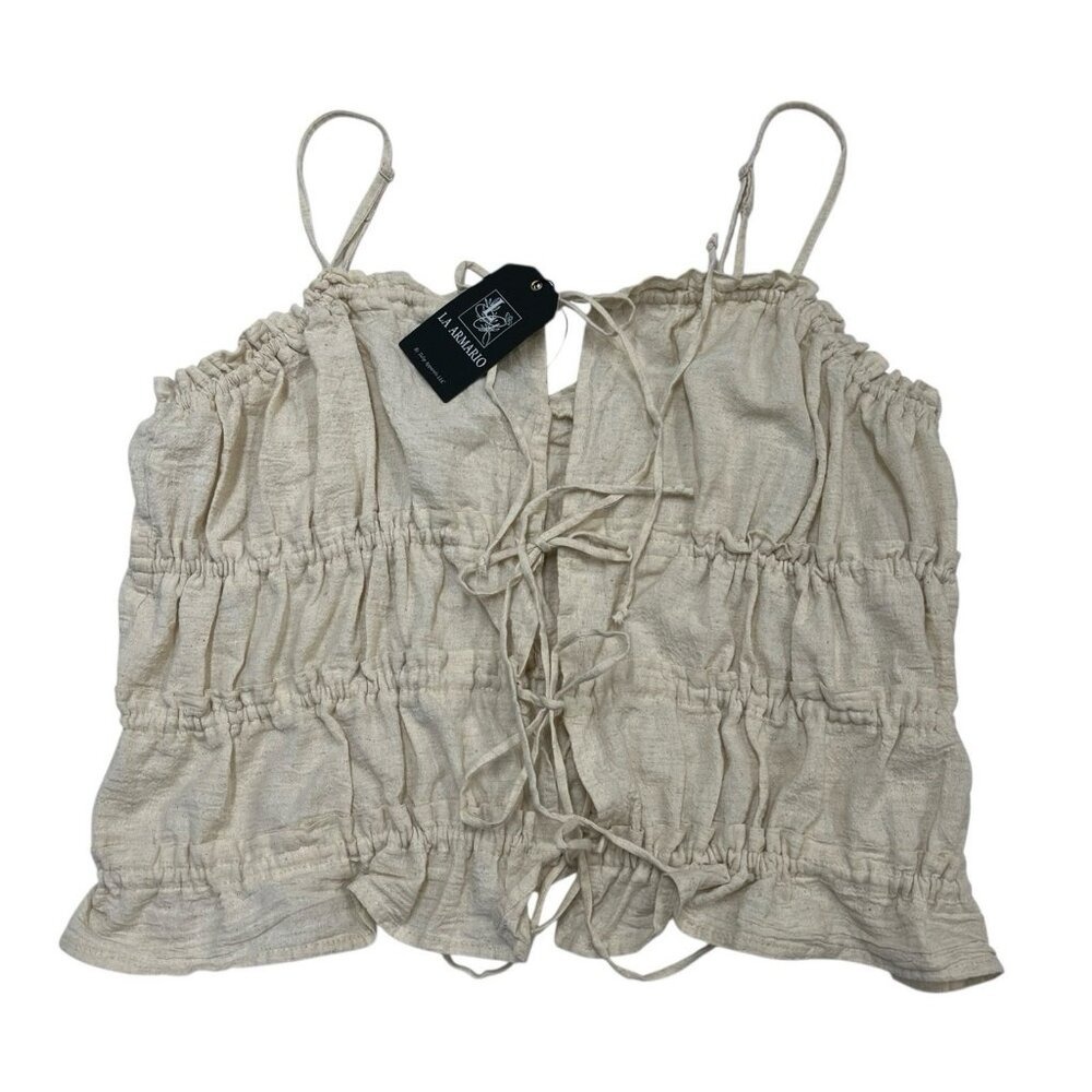 La Armario Crop Top Cotton Linen Blend Strapless Tie Front Size XL‎ Coastal